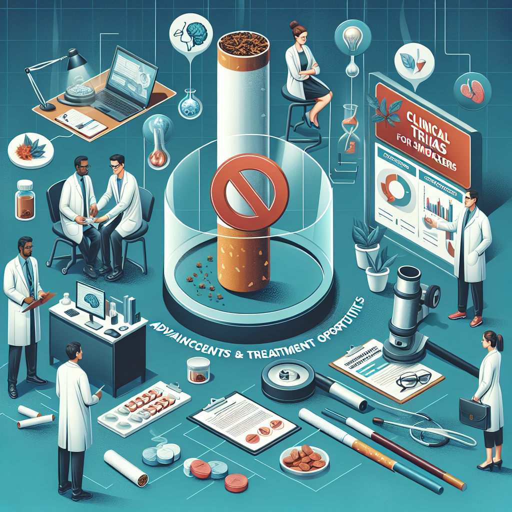 Illustration of smoking cessation research highlighting clinical trials and treatment opportunities.